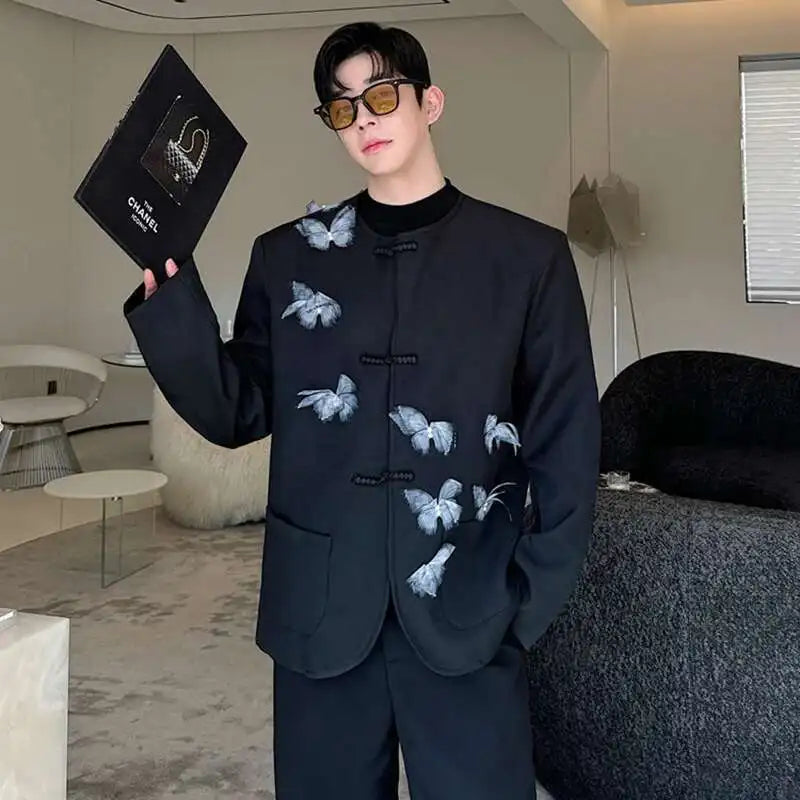 Personality Movable Butterfly Decoration Runway Suit Jackets Handsome Classy Collarless Men's Design Trendy Blazer LZ6063