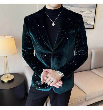 2025 Autumn New Velvet Jacket Men's Blazer Business Fashion Hot Stamping Printed Suit Jacket High-quality Luxury Dress Suit