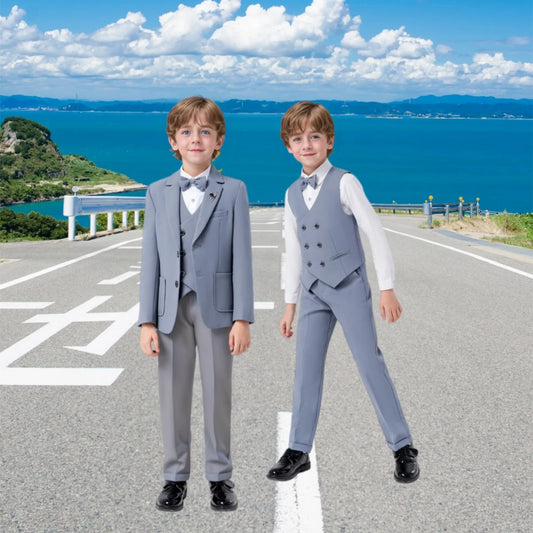 Children 5Pieces/Set Jacket Vest Pants Bowtie Brooch For Formal Events Boys Birthday Wedding Performance Photograph Suit