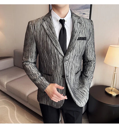 Korean Trend 3D Pleated Suit Jacket for Men Wedding Groom Business Dress Jacket Casual Banquet Party Host Blazer Masculino