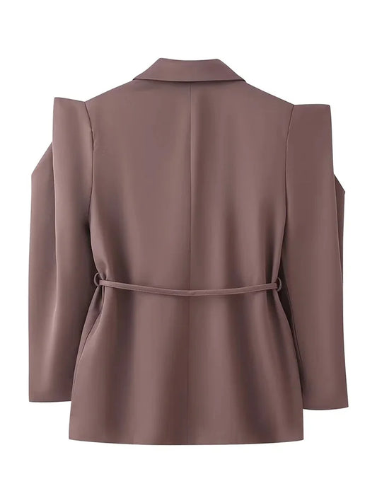 Women Power Shoulder Blazer Belted Waist Suit Jacket Elegant Blazer Office Lady Tailored Coat Casual Outerwear