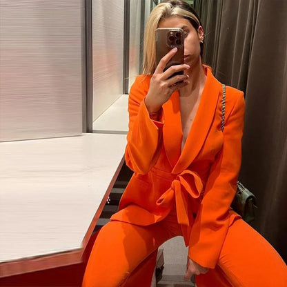 Elegant Shawl Lapel Women Suits Two Piece Summer Long Sleeves No Buttons Tuxedo Slim Casual Daily Pants Sets (Blazer+Pants)
