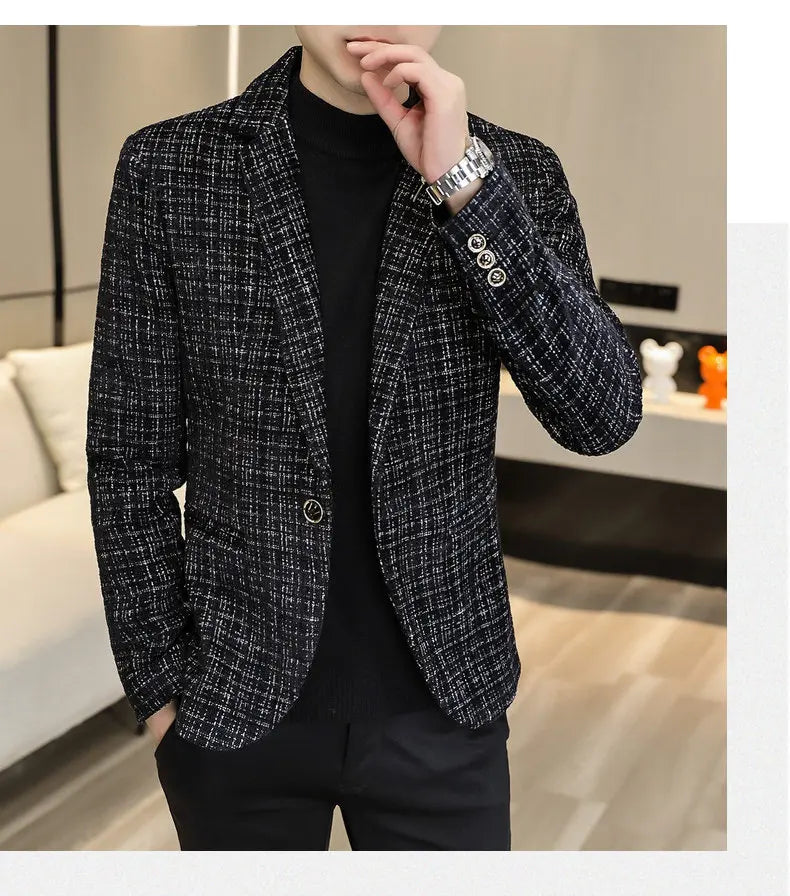 Korean Fashion Woven Suit Jacket for Men Autumn Slim Fit Casual Men Blazers Street Wear Social Business Dress Coats Men Clothing