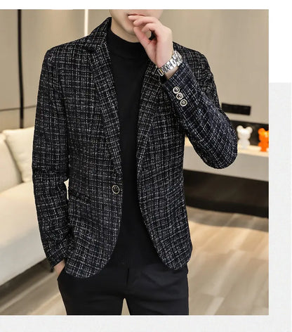 Korean Fashion Woven Suit Jacket for Men Autumn Slim Fit Casual Men Blazers Street Wear Social Business Dress Coats Men Clothing