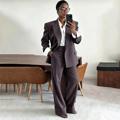 Neutral Gray Pinstripe Oversized Matching Sets Double Breasted Women's Suit Casual Formal 2-Piece(Jacket+Pants) Office Set