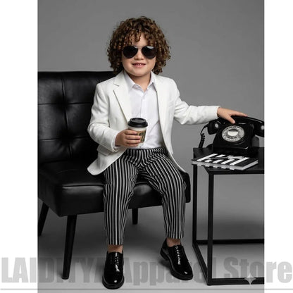 Fashion Boys Suit Set Kids Formal Casual Outfit Jacket With Striped Pants Children Costume For Wedding Birthday Party 2 Piece
