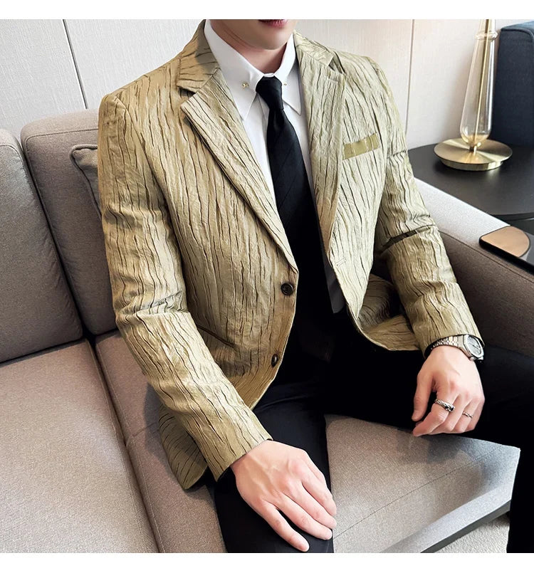 Korean Trend 3D Pleated Suit Jacket for Men Wedding Groom Business Dress Jacket Casual Banquet Party Host Blazer Masculino