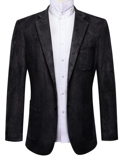 Black Faux Suede Men Single Suit Jacket, Two Button Notched Collar Casual Blazer Business Party Sport Coat