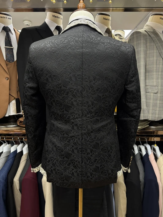 Exquisite Shiny Beaded Shawl Lapel Suits 3 Pieces,High Quality Jacquard Suit Set Wedding Groom Sets,Elegant Black Tuxedo S-3XL