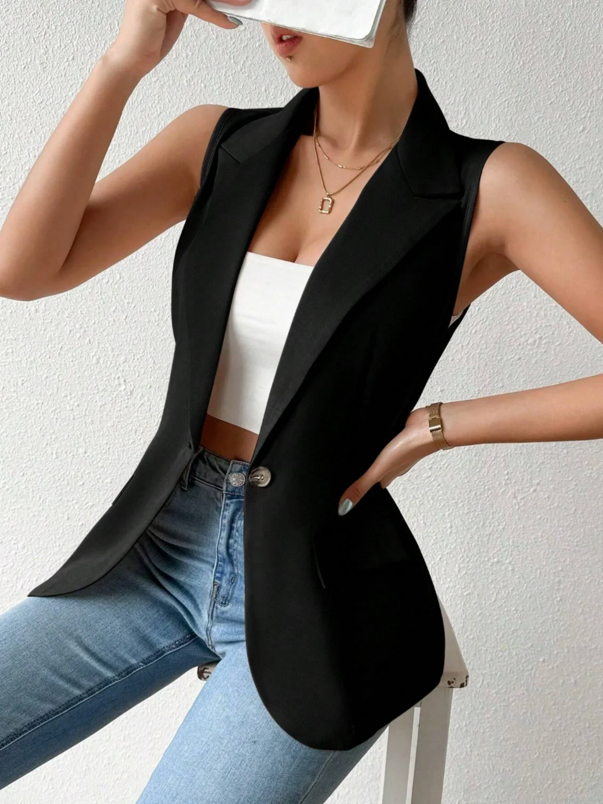 Women's Chic Sleeveless Blazer Vest - Casual Office Work Waistcoat Elegant Lapel Collar Sleeveless Blazer