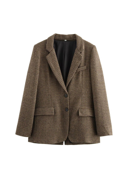 Women's Brown Plaid Blazer Jacket Y2k Harajuku 2000s Vintage Long Sleeve Single Breasted Suit Coat Oversize Outerwear Autum 2025