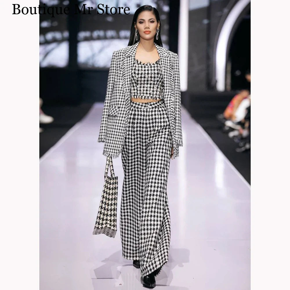 Black White Women's Suits Customized Formal Single-breasted Peak Lapel Three Pieces (Jacket+Pants+Strap) Office Lady Tweed Set