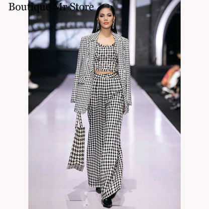 Black White Women's Suits Customized Formal Single-breasted Peak Lapel Three Pieces (Jacket+Pants+Strap) Office Lady Tweed Set