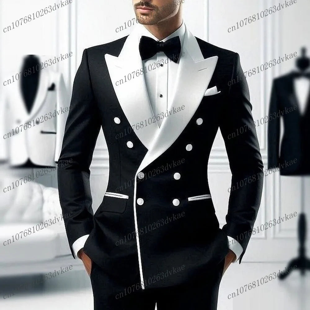 Ensemble décontracté 2 pièces pour homme avec blazer à revers blanc et pantalon noir Costume de mariage pour témoins pour cérémonie et fête