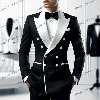 Ensemble décontracté 2 pièces pour homme avec blazer à revers blanc et pantalon noir Costume de mariage pour témoins pour cérémonie et fête