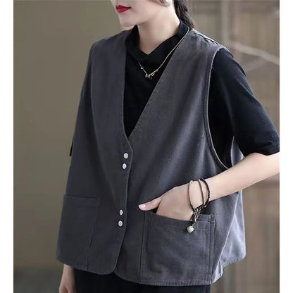 Korean Ladies Solid Color Casual Sleeveless Jacket Autumn Women V-neck Loose Waistcoat Coat Spring Female Fashion Vest Outwear