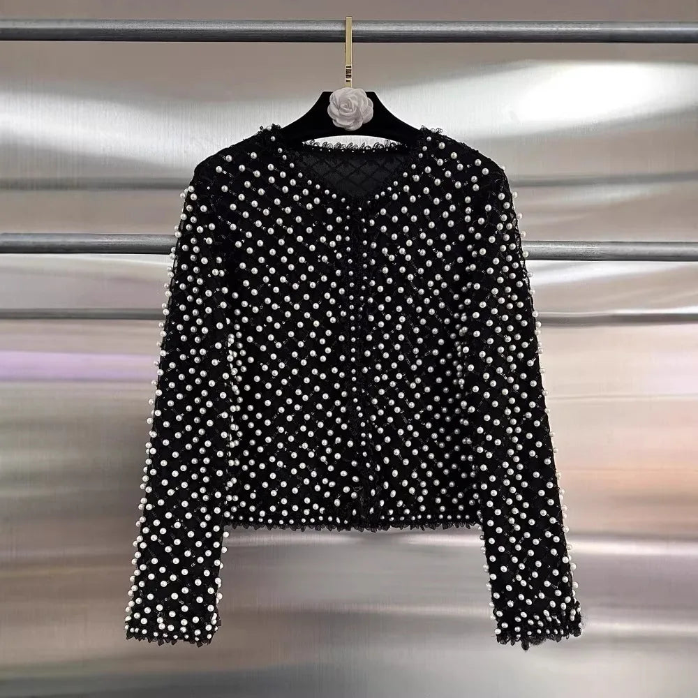 High Street Embroidered Flares Patchwork Mesh Jacket Long-sleeved O-Neck Slim-fit Pearl Jackets 2026 Women Coat 2026 New
