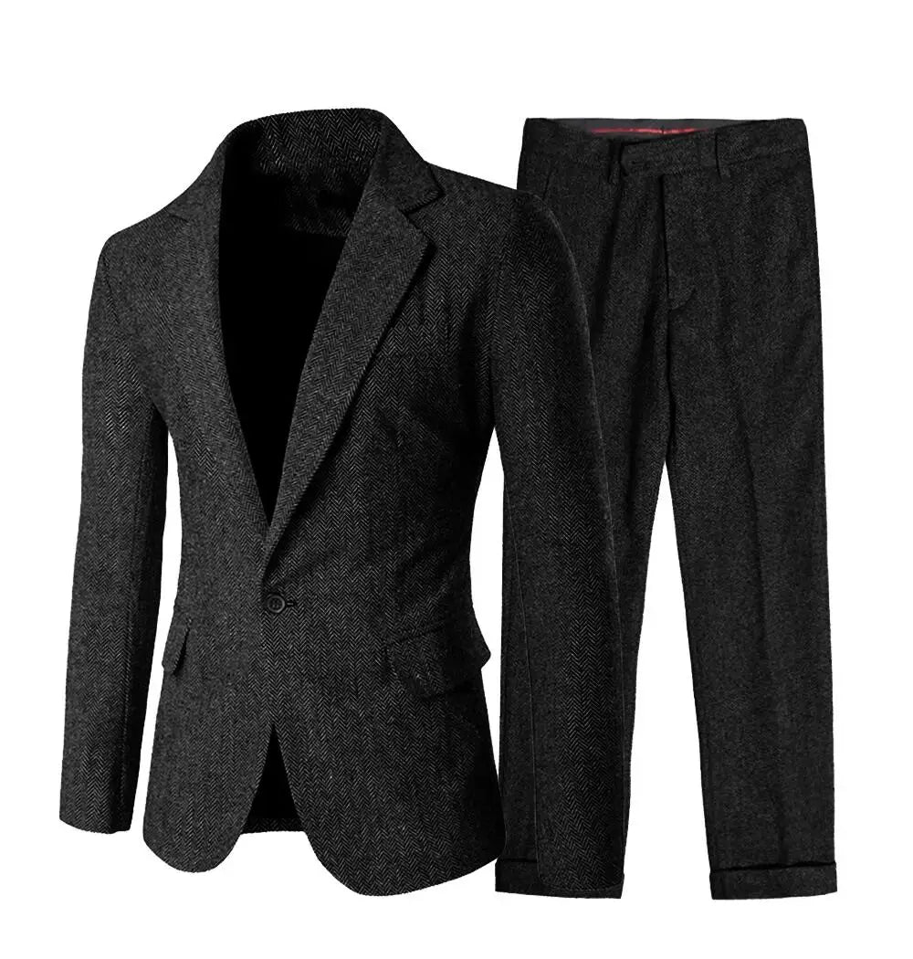 2 Piece Gray/Brown Herringbone Winter Suit for Men Wool Tweed Slim Fit Formal Groom Wedding Tuxedo Sets Office Business Suits