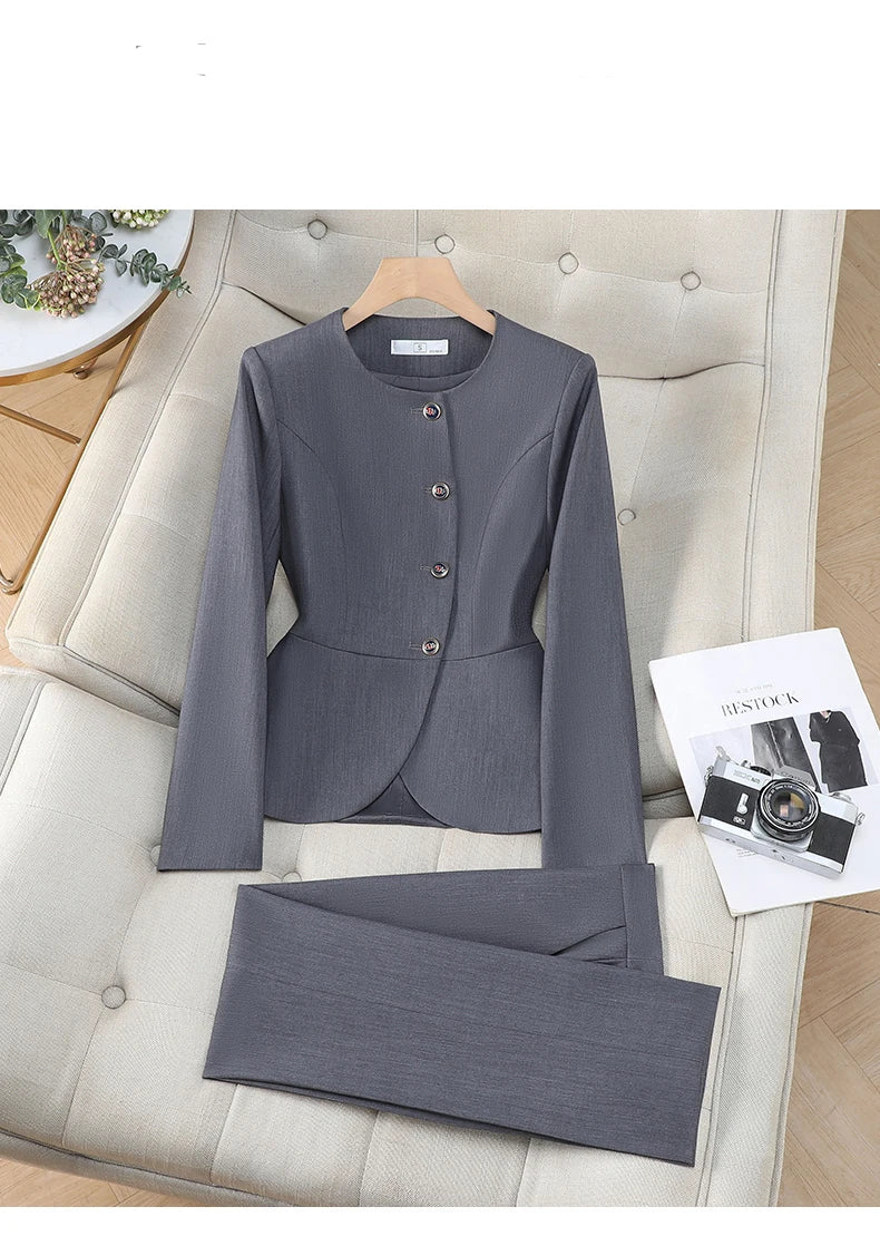Elegant Ladies Autumn Trousers Suit Women Long Sleeve Blazer and Pants 2 Piece Matching Sets Work Wear Office Formal Outfit