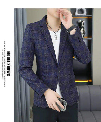 2026 Blazer Outdoor men's checked fashion business trend Wedding Slimming Gentleman Casual Korean travel high formal Wear Blazer