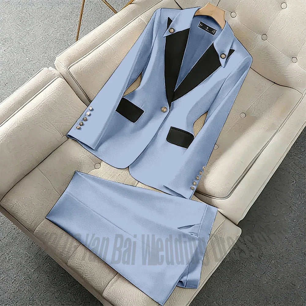 New Unique Women Pant Suit Contrast Color Modern Outfit One-Button Peaked Lapel Casual Fashion Daily Female Clothes Set 2 Piece
