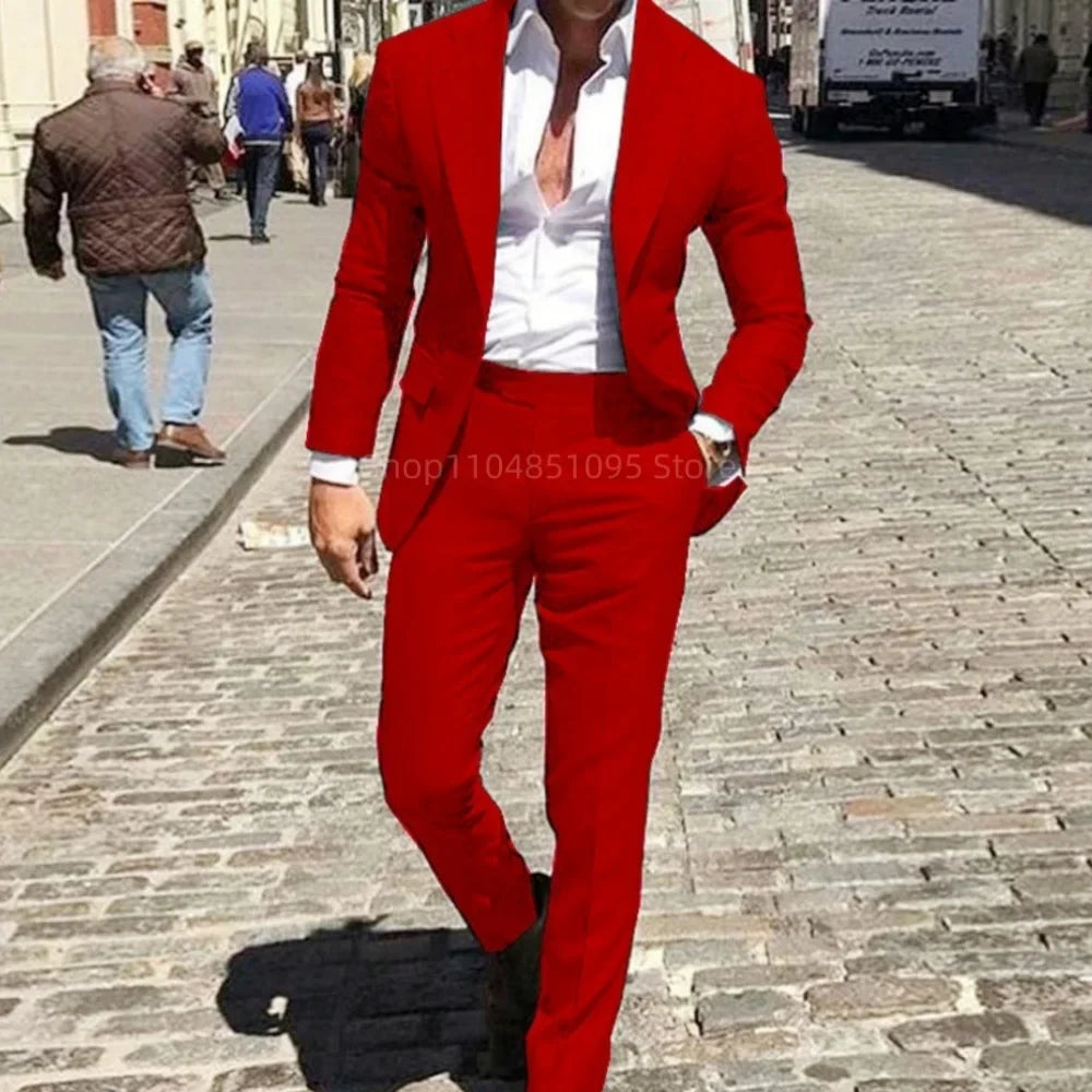 Classic Suits for Men Notch Lapel 2 Pieces Business Blazer and Pants Set Elegant Slim Fit Men's Suit for Wedding Prom Groomsmen