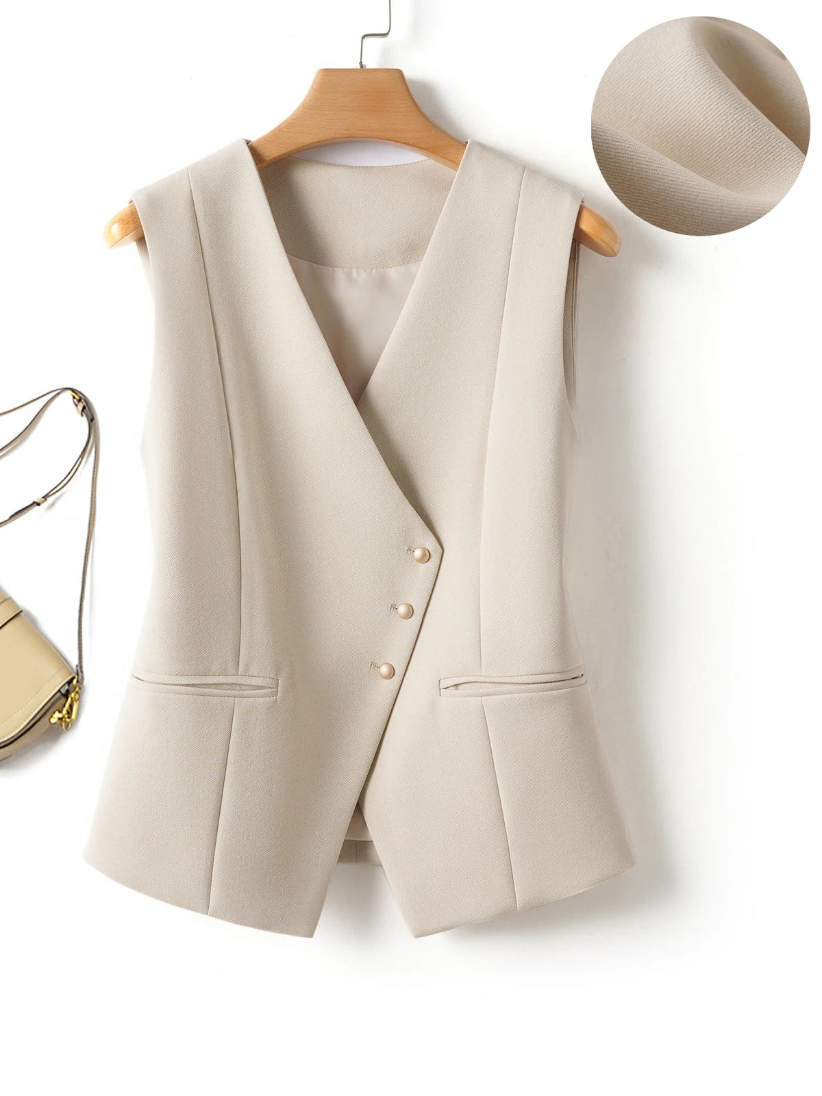 Short V-Neck Suit Vest for Women, Spring and Autumn Slant-Buttoned Top, Perfect for Office Wear and Versatile Vest