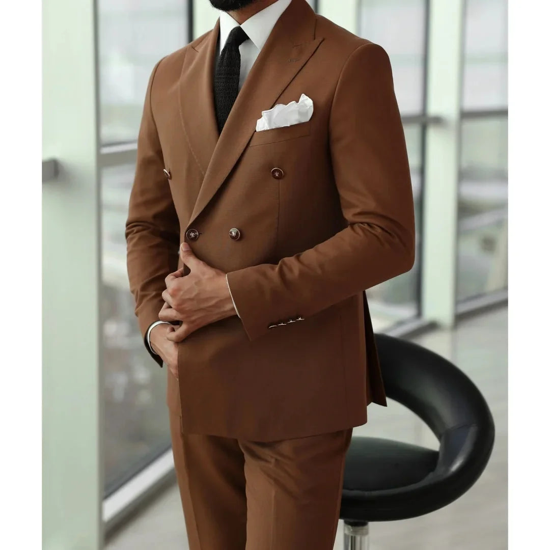 Coffee Suits For Men Double Breasted Peaked Lapel Elegant Blazer Fashion Costume 2 Piece Jacket Pants Slim Fit Traje Hombre