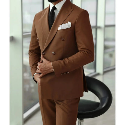 Coffee Suits For Men Double Breasted Peaked Lapel Elegant Blazer Fashion Costume 2 Piece Jacket Pants Slim Fit Traje Hombre