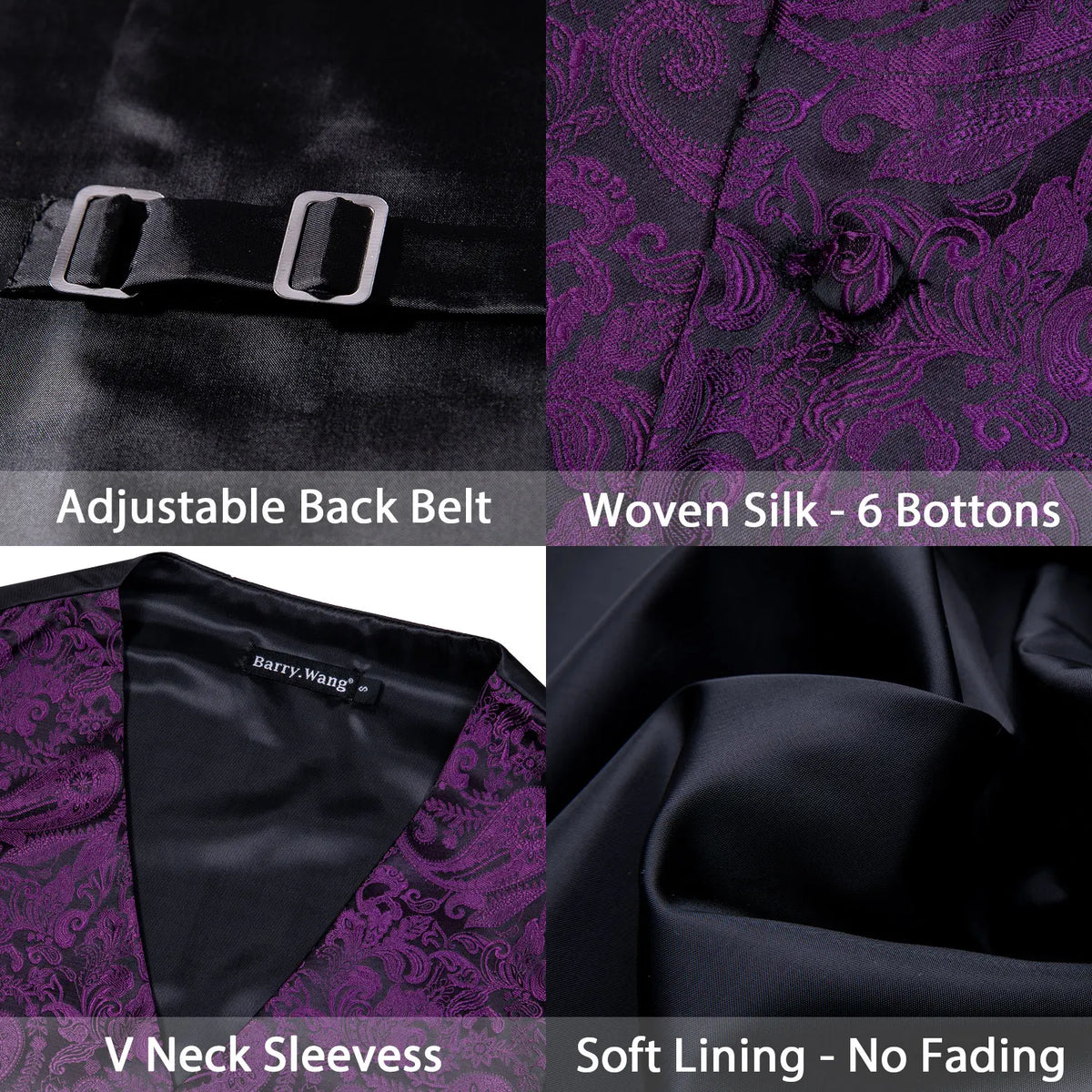 Men's Waistcoat Purple Embroidered Silk Vest with Tie and Pocket Square for Weddings and Formal Events