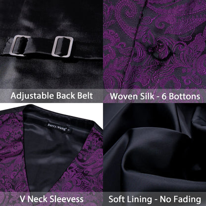 Men's Waistcoat Purple Embroidered Silk Vest with Tie and Pocket Square for Weddings and Formal Events