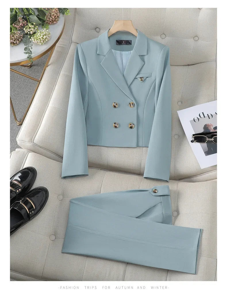 Blue Suit Women 2024 New Spring High End Fashion Temperament Professional Short Blazer And Pants Sets Office Ladies Work Wear