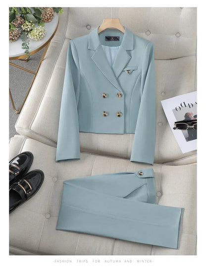 Blue Suit Women 2024 New Spring High End Fashion Temperament Professional Short Blazer And Pants Sets Office Ladies Work Wear