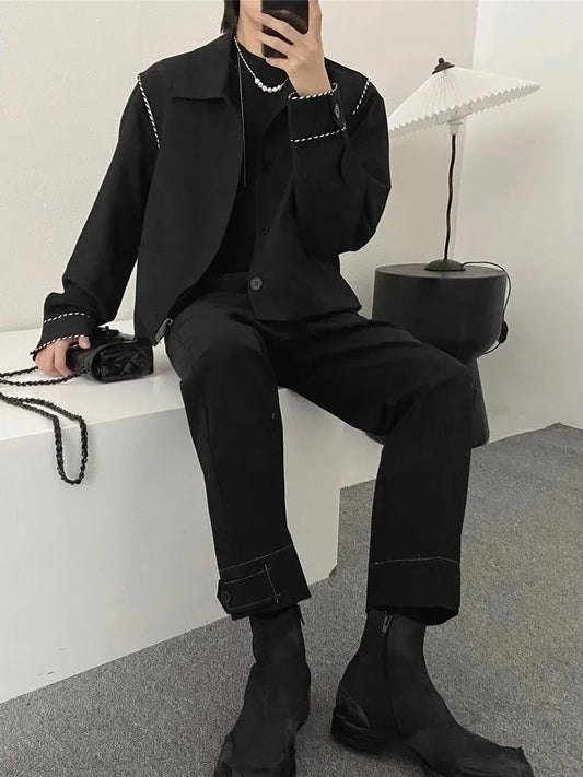 Men's Cropped Blazer Black Striped Single Breasted Party Jacket Korean Style