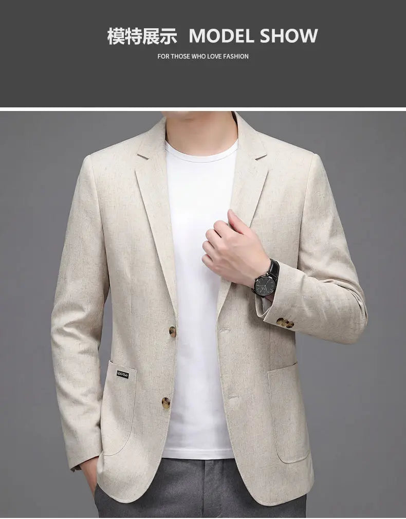 Men's Premium Thin Blazer Spring Summer Solid Color Breathable Cotton Linen Blend Business Casual Jacket Minimalist Office Urban