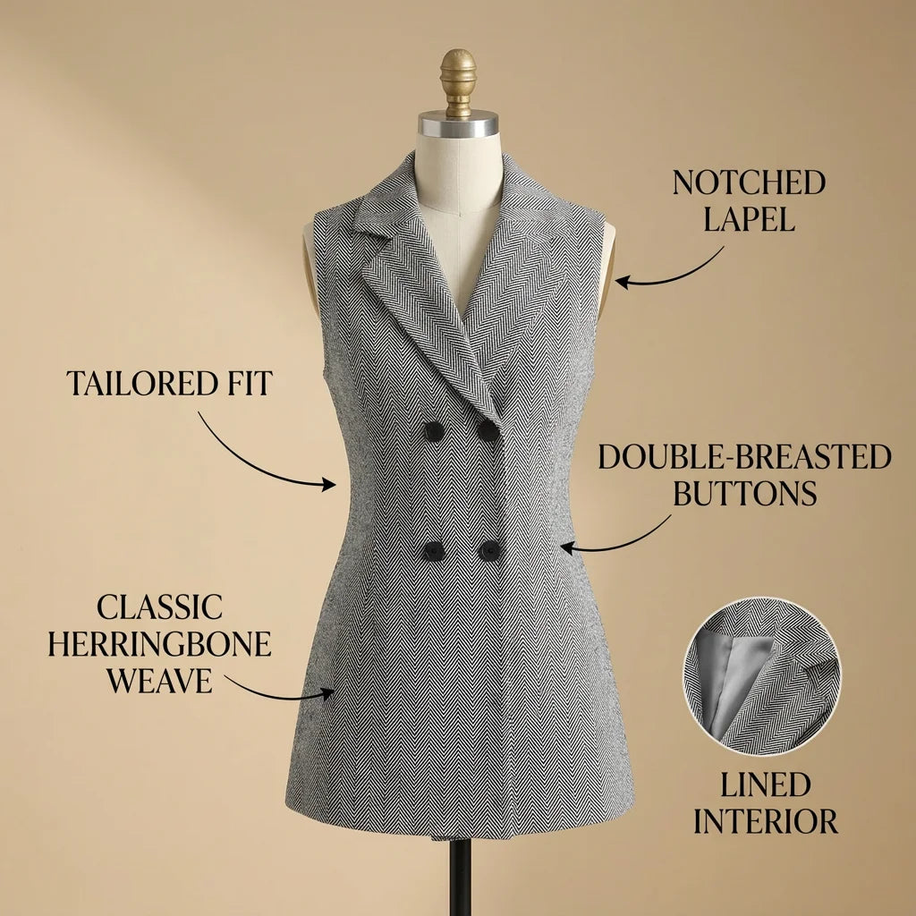 Vintage Women's Herringbone Double-Breasted Blazer Vest, Sleeveless Notched Lapel Long Waistcoat, Elegant Office Work Suit Vest