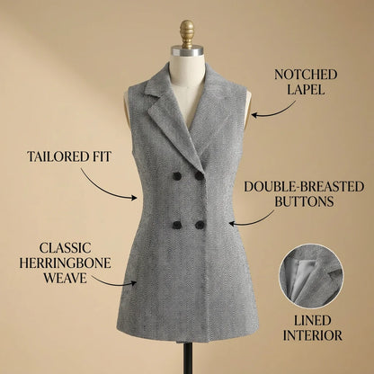 Vintage Women's Herringbone Double-Breasted Blazer Vest, Sleeveless Notched Lapel Long Waistcoat, Elegant Office Work Suit Vest