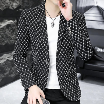 Korean Letter Print Men Blazers Brand 2024 Spring Casual Business Suit Jackets Slim Fit Street Wear Social Jacket Men Clothing