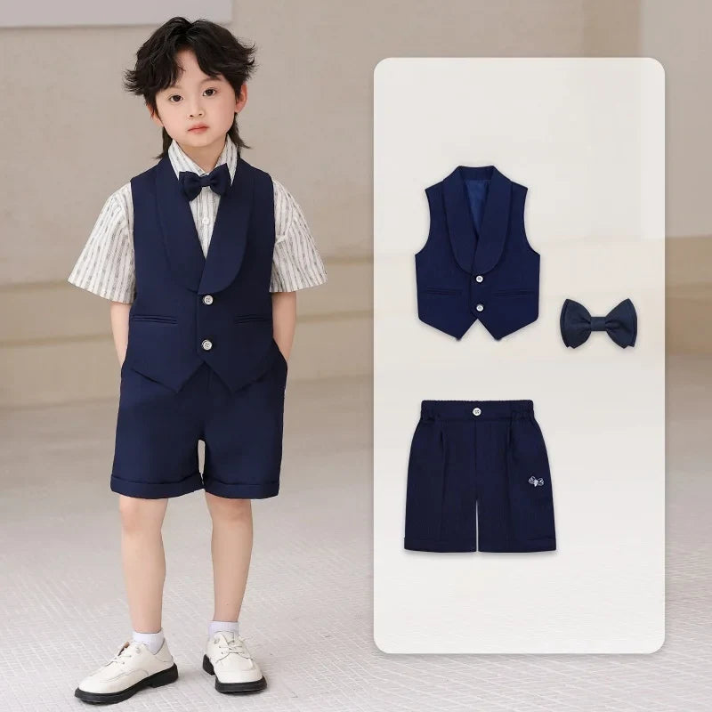 Boys' Summer British Style Suit Vest Set Flower Boy First Birthday Outfit Boys' Children's Day Host Piano Performance Costume