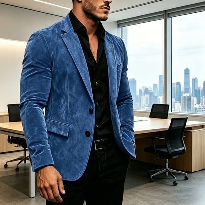 Vintage Men's Suede Blazer Slim Fit 2 Button Notched Lapel Casual Suit Jacket Formal Business Tuxedo Wedding Party Daily Wear