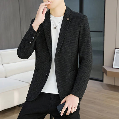 Men's Blazer Slim Fit Korean Style Single Breasted Smart Casual Black Khaki Spring Autumn