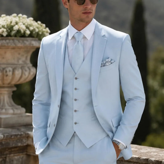 Men Suit Sky Blue 3 Pcs With Lapel Single Breasted Solid For Wedding Groom Banquet Party Business Work Office Jacket Vest Pants