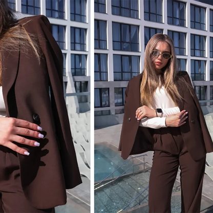 Solid Color Women Suit Double Breasted Casual Two Pieces Fitted Jacket Pants High Street Autumn Clothes New Matching Sets