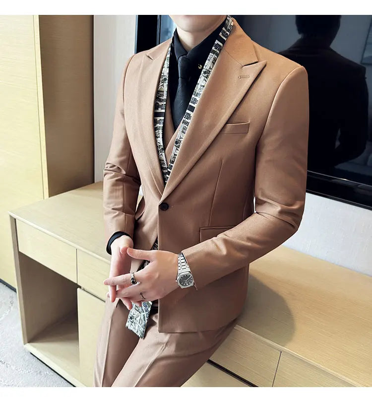 Double Collar Suit Set 3 Pieces Business Formal Casual Suits Vest Trousers Office Work Party Prom Wedding Groomsmen Clothing