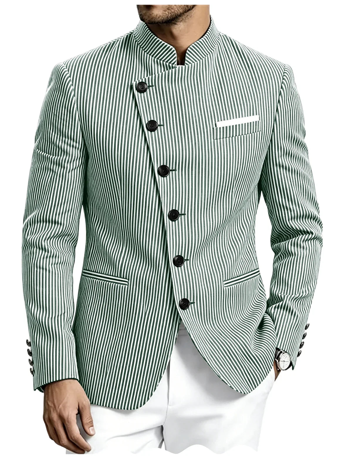 Men Mandarin Collar Suit Jacket Stand Collar Asymmetrical Single Breasted Men Blazer Slim Fit Business Formal Coat For Business