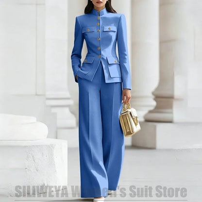 Women's Ivory Suit Mandarin Collar 2 Piece Military Style Gold Buttons Blazer Wide Leg Pants Wedding Party Prom Lady Suits