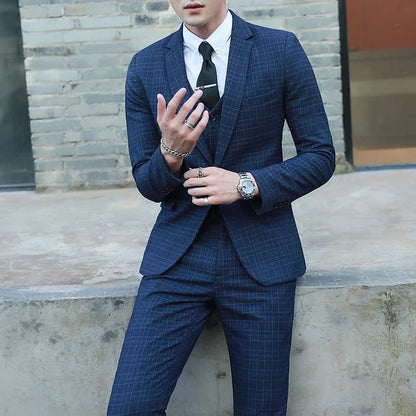 Men's Autumn Winter Trendy Three-Piece Suit Set Slim Fit Stylish Vest Trousers Ensemble Handsome Personality Wardrobe Essential
