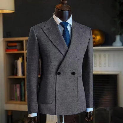 Classic Men Linen Blend Suit Blazer Double Breasted Peak Lapel Man Formal Jacket  Business Slim Fit Lightweight Coat For Wedding