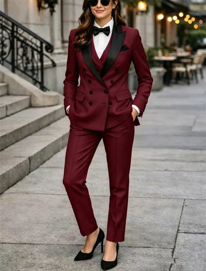 Double Breasted Red Women's Suits 3 Pcs Tailor Made Paintsuit Women Suits Formal Party Office Wear Dresses  Blazer+Vest+Pant