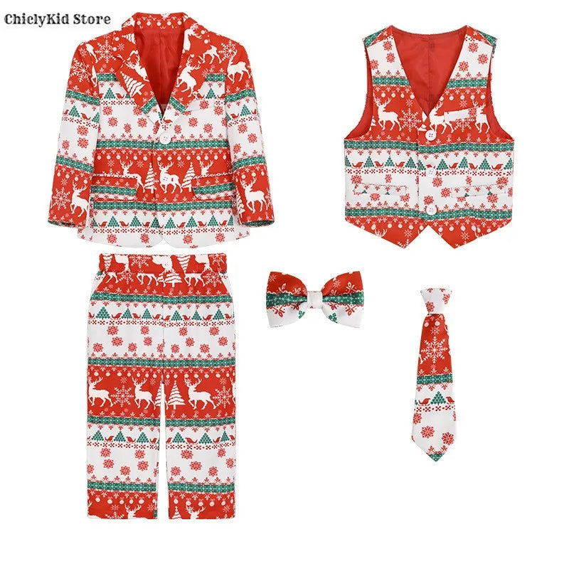 Boys Christmas Blazer Jacket Waistcoat Pants Wedding Suits Kids Morning Coat Formal Dress Children Tuxedos Toddler Clothes Sets
